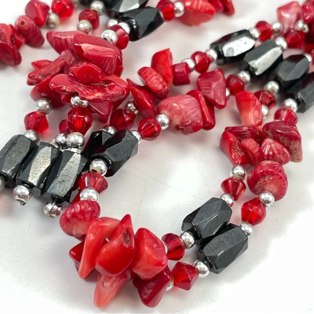 Stunning Magnetic Hematite Red Coral Chip Beaded Statement Necklace
